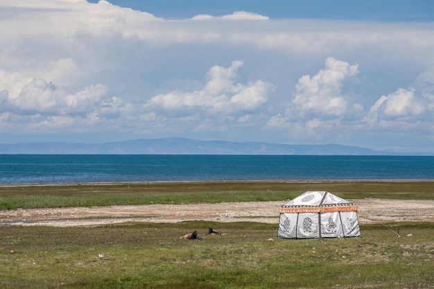 blue sky and white clouds beside Qinghai Lake as well as some tents and prayer flags on grassland