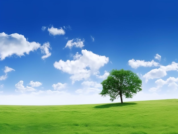 Blue Sky White Clouds Green Grass and Tree