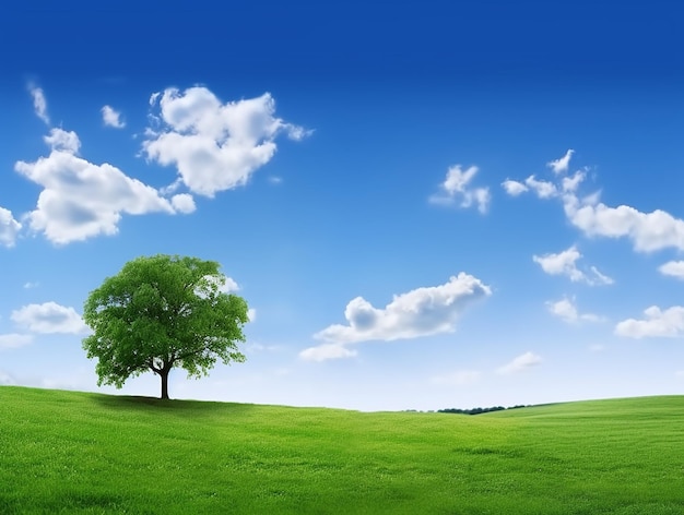 Blue Sky White Clouds Green Grass and Tree