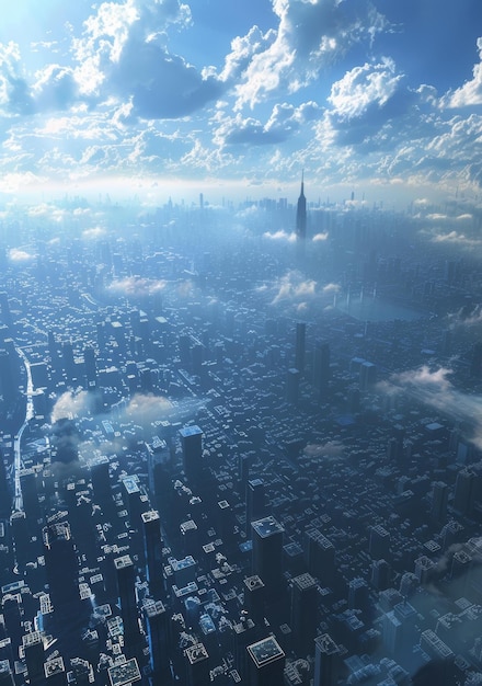 Blue sky and white clouds over a large city