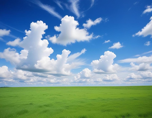 Blue sky and white clouds with green grass background