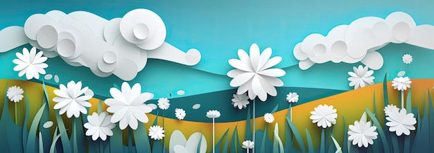 Blue sky white flowers and clouds depicting a scene of Spring Generative AI