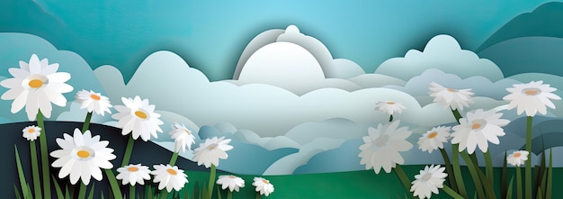 Blue sky white flowers and clouds depicting a scene of Spring Generative AI