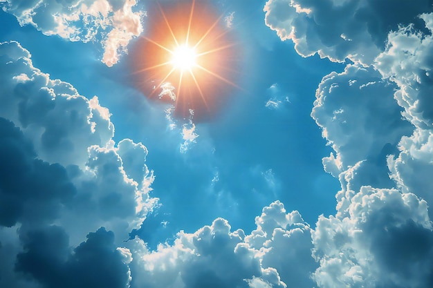 Blue sky with a bright sun and lens flare summer background banner for copy space