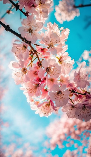 A blue sky with a cherry blossom tree