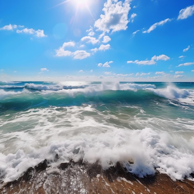 A blue sky with clouds and a blue sky with the sun shining on the water.