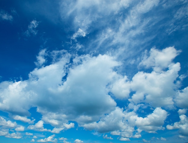 Blue sky with clouds closeup, summer day