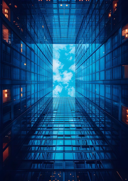 A blue sky with clouds is visible through the windows of a tall building