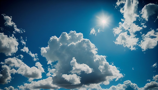 A blue sky with clouds and a sun in the middle