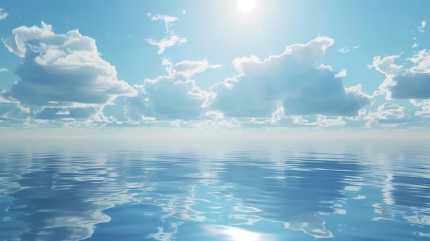 a blue sky with clouds and the sun reflecting on the water