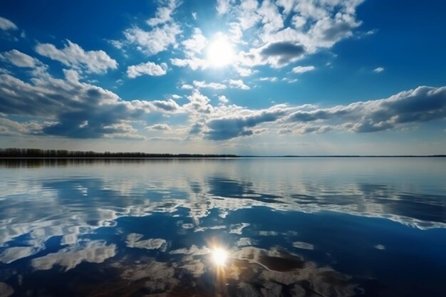 Photo a blue sky with clouds and the sun reflecting in the water