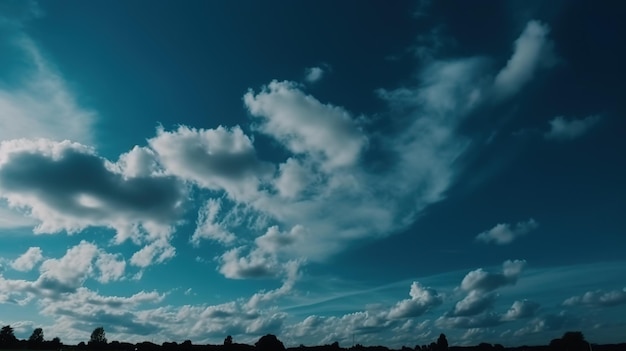 A blue sky with clouds and a tree in the foreground