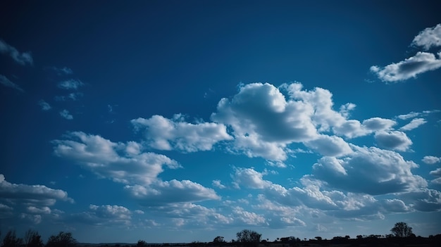 A blue sky with clouds and a tree in the foreground.