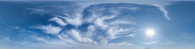 Blue sky with cumulus clouds as seamless hdri 360 panorama with zenith in spherical equirectangular projection may use for sky dome replacement in 3d graphics or game development and edit drone shot