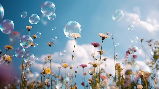 A blue sky with flowers and bubbles in it