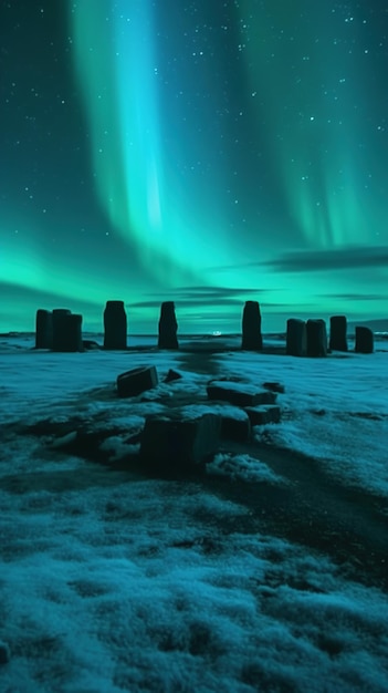 A blue sky with green aurora lights above a stonehenge