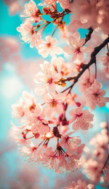 A blue sky with a pink flower