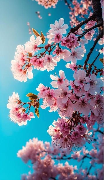 A blue sky with pink flowers