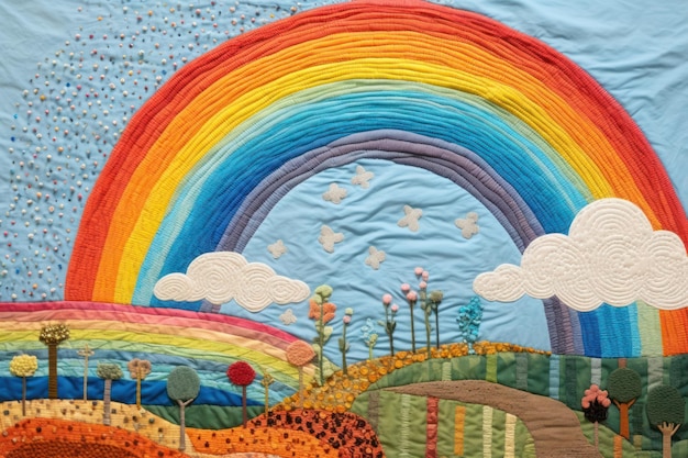 Photo blue sky with rainbow quilt landscape quilting