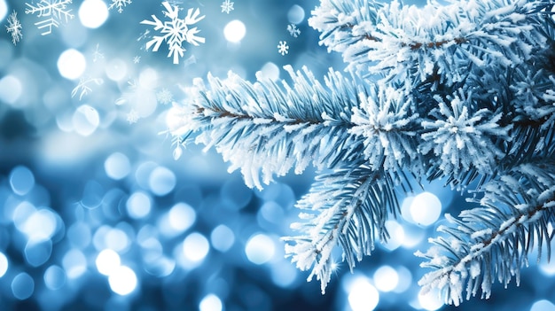 A blue sky with snowflakes falling and a tree with frosted branches