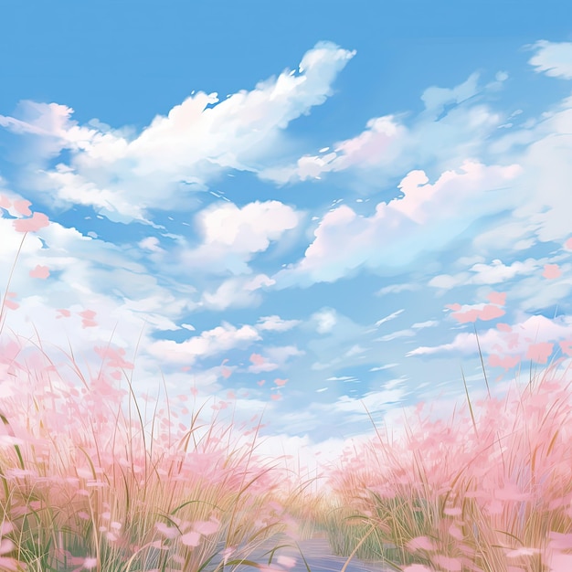 Blue sky with soft clouds above fields and flowers in soft pink tones beautiful nature background