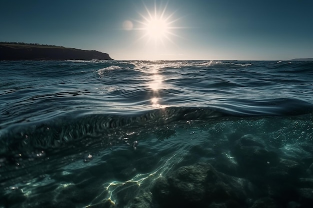 A blue sky with the sun shining over the water