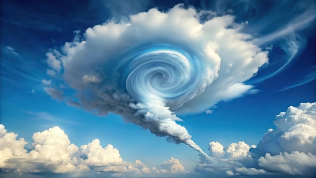 Photo blue sky with tornado clouds forming a white cumulus cloud spiral