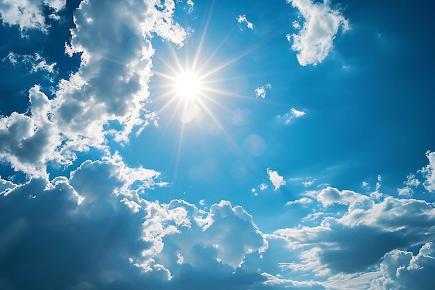 Blue sky with white clouds and sun Beautiful natural background Copy space