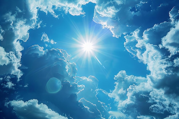 Blue sky with white clouds and sun shining through the center of it hyper realistic