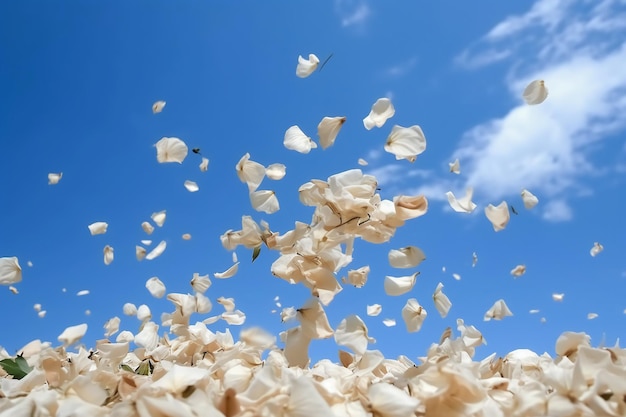 A blue sky with a white flower petals falling in the air.