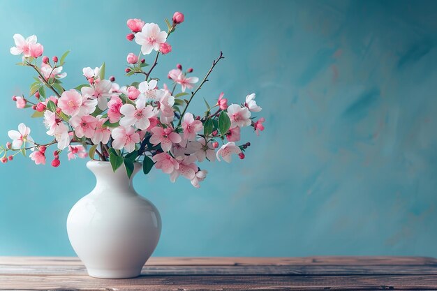 Under a blue sky a wooden table is topped by a white vase filled to the full with pink flowers Generative AI