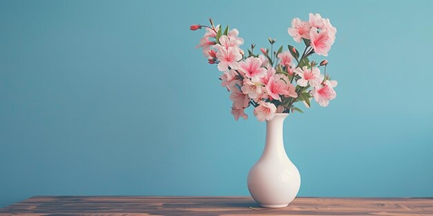 Under a blue sky a wooden table is topped by a white vase filled to the full with pink flowers Generative AI