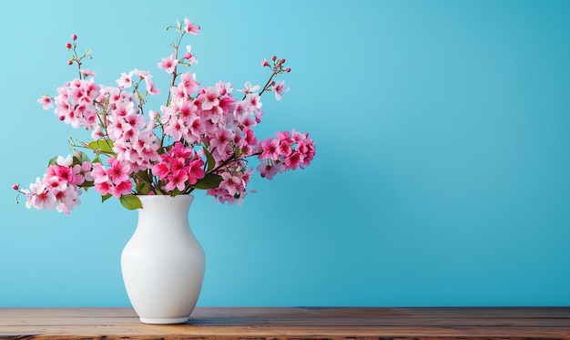 Under a blue sky a wooden table is topped by a white vase filled to the full with pink flowers Generative AI