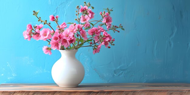 Under a blue sky a wooden table is topped by a white vase filled to the full with pink flowers Generative AI