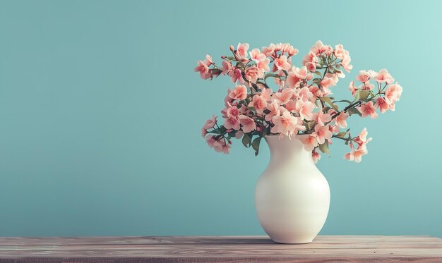 Under a blue sky a wooden table is topped by a white vase filled to the full with pink flowers Generative AI