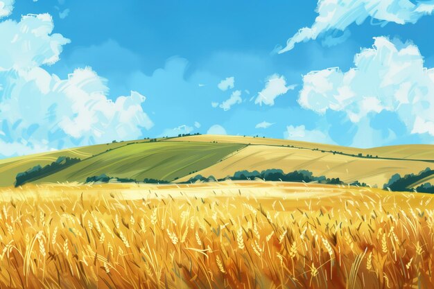 Photo blue sky and yellow wheat field crop agricultural landscape with ripe harvest ai generative illustration