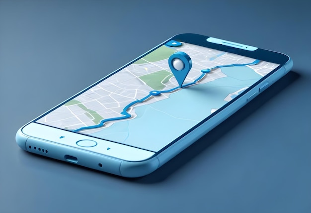 Photo a blue smartphone with a map of the area on the screen