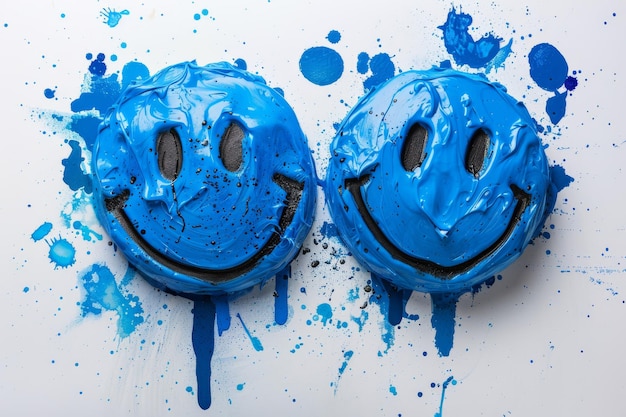 Photo blue smiley faces on white background with expressive paint splatters