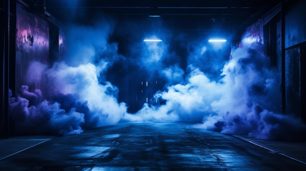 blue smoke bomb cloud in deserted empty hangar High quality photo