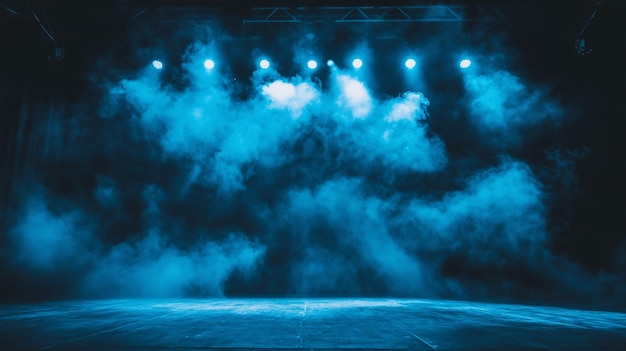 Blue smoke and spotlights on empty stage