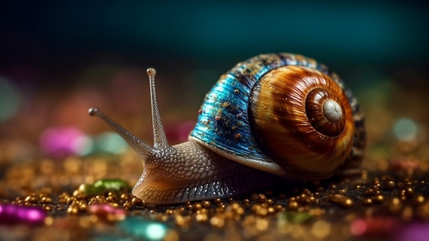 A blue snail with a gold bead on its shell