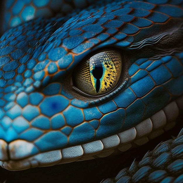 The blue snake is a reptile with a yellow pattern.