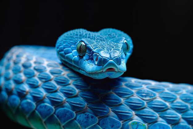 a blue snake with a green nose is laying on a blue surface