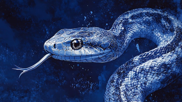 A blue snake with its tongue out against a blue background