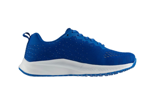 Blue sneaker made of fabric with a white sole on a white background Sport shoes