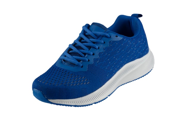 Blue sneaker made of fabric with a white sole on a white background Sport shoes