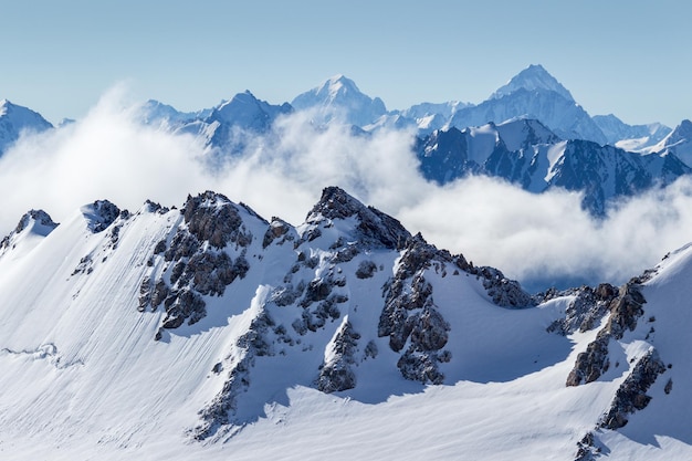 Blue snowy mountains in the morning.