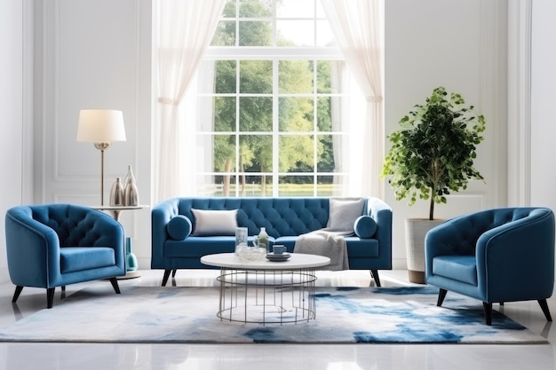 Blue sofa and armchairs for interior home design