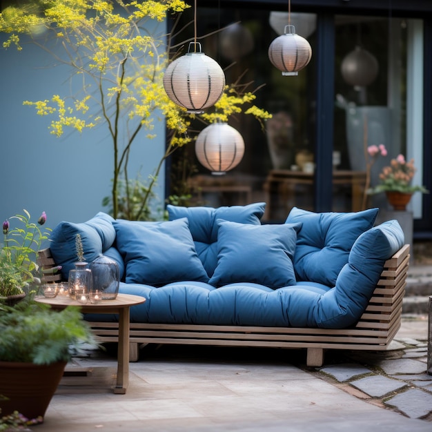 Blue Sofa in a Minimal Garden Closeup in an Interesting Interior Design Shot AI Generated