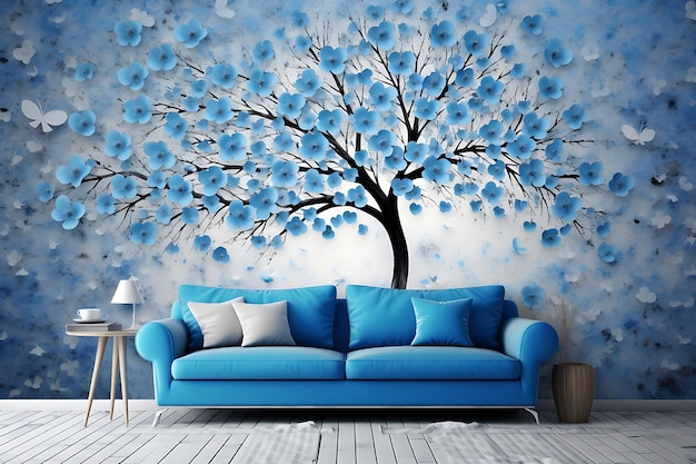 Blue sofa in modern living room with cherry blossom tree on wall